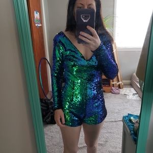 Sequins One Piece Romper Shorts Long Sleeve Size Small